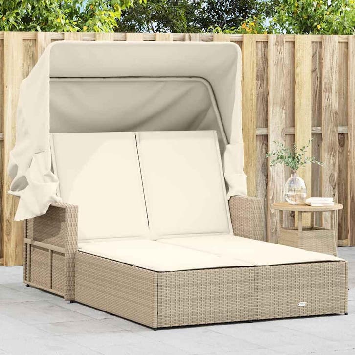 vidaXL Ligbed 2-persoons met luifel en kussens poly rattan, Tuin en Terras, Ligbedden, Nieuw, Verzenden