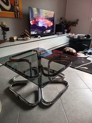 Salontafel - Staal, Glas - Structuur in gechromte stalen