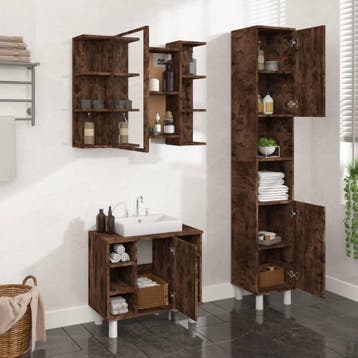vidaXL 3-delige Badkamermeubelset bewerkt hout gerookt, Verzenden, Nieuw