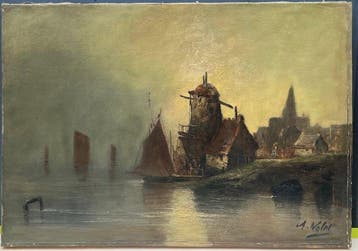 Albert Nollet (XIXe) - Paysage fluvial hollandais au clair