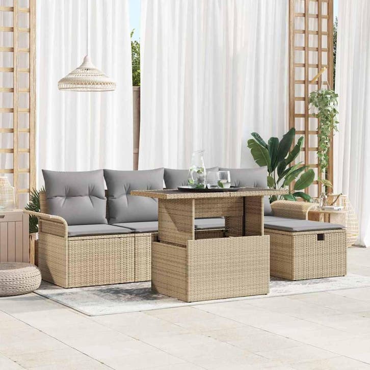 vidaXL Tuinbank Set met kussen met opslag 6 pcs Beige Poly, Tuin en Terras, Tuinsets en Loungesets, Nieuw, Verzenden