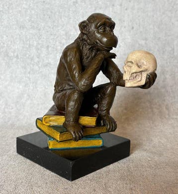 Beeld, “De wijze aap” - 14.5 cm - Brons, Marmer