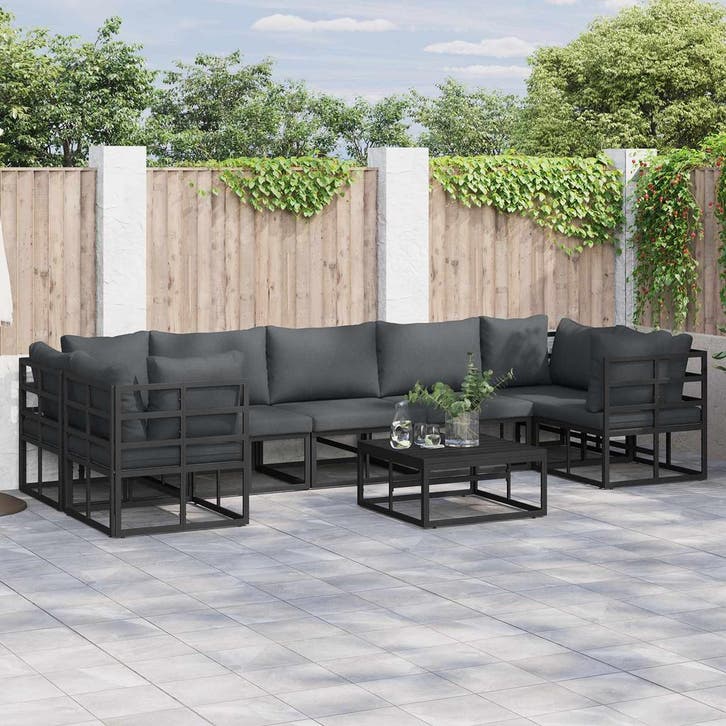 vidaXL Tuinbank Set met kussen 8 pcs Zwart Aluminium, Jardin & Terrasse, Ensembles de jardin, Envoi