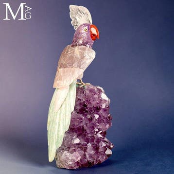 Uitzonderlijke Amethist-kwarts Sculptuur Papegaai zittend op