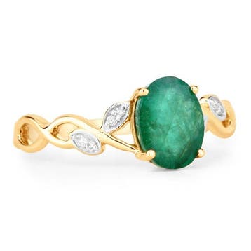 Ring - 14 karaat Geel goud - 1.22ct. tw. Smaragd - Diamant -