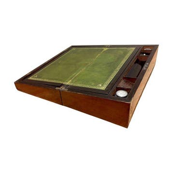 Victorian writing desk with brass inlay and hidden drawers,