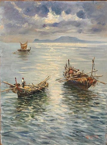 Giuseppe Musumeci (1902-?) - Marina con Barche e Pescatori, Antiquités & Art