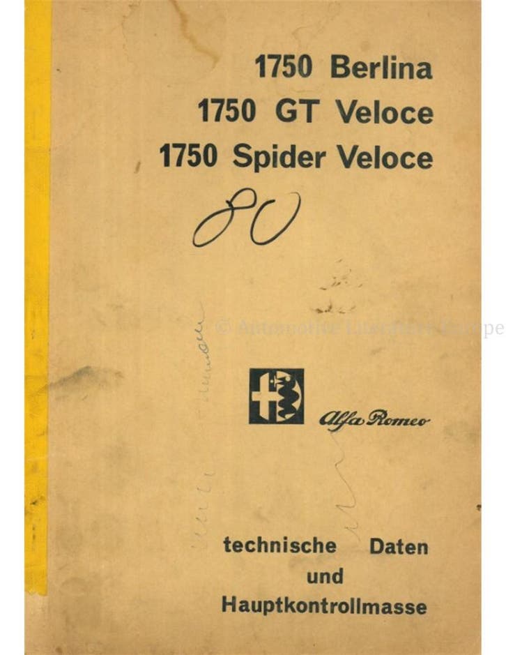 1968 ALFA ROMEO 1750 BERLINA | GT VELOCE | SPIDER VELOCE, Autos : Divers, Modes d'emploi & Notices d'utilisation