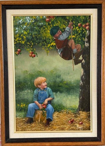 David Player (1942) - Two boys playing in an Apple tree. No