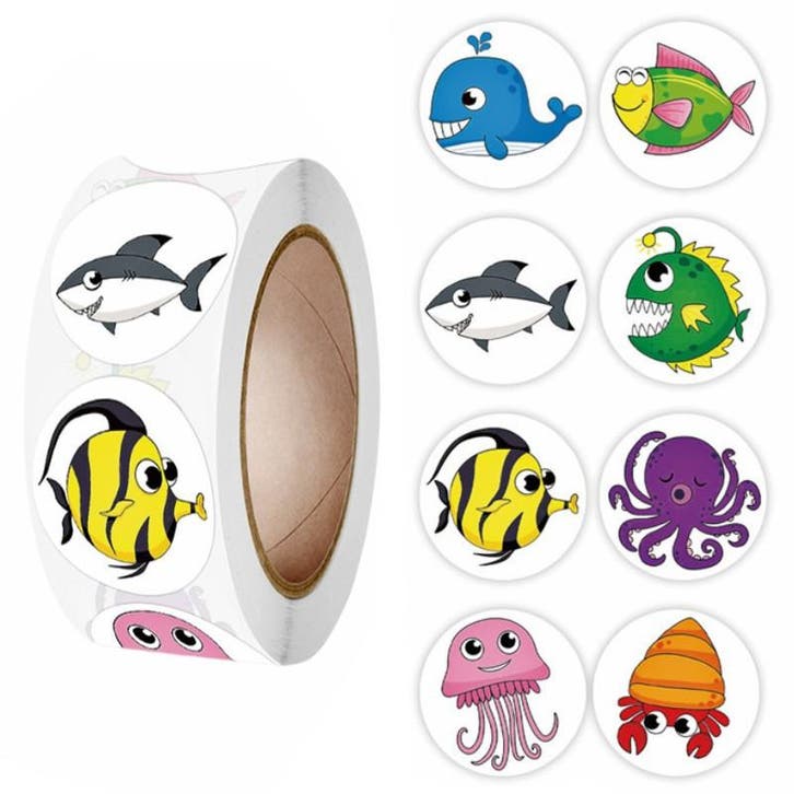 500 Stickers Op Rol - 2.5cm - Vissen & Zeedieren -, Hobby en Vrije tijd, Stickers en Plaatjes, Verzenden