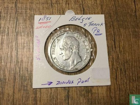 België 5 francs 1851 (zonder punt boven jaartal), Postzegels en Munten, Munten | België, Losse munt, Goud, Zilver, Verzenden