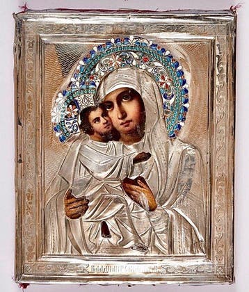Icône - Notre-Dame de Vladimir - Argent 840 - Ecole de, Antiquités & Art