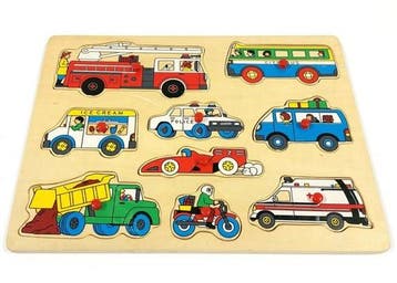 Vintage houten noppenpuzzel met voertuigen, Verzenden, Nieuw