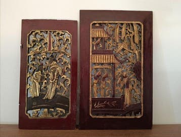 Drieluik Chinese panelen in hout, met opengewerkt, Antiek en Kunst