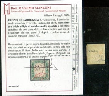Italiaanse oude staten - Sardinië 1855 - 5 centesimi, Gestempeld