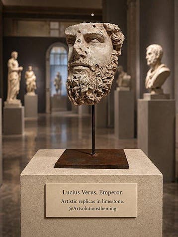 Kalkstenen replika van het hoofd van de oude Romeinse keizer