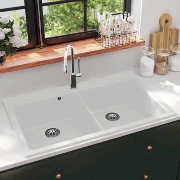 vidaXL Spoelbak opbouw graniet dubbele bak wit, Huis en Inrichting, Keuken | Keukenelementen, Verzenden, Nieuw