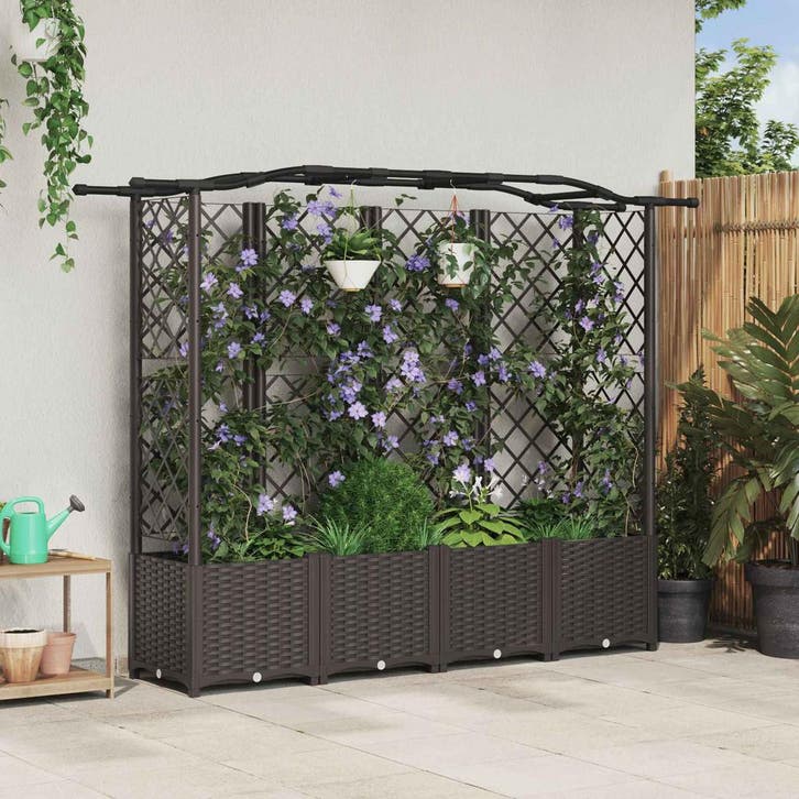 vidaXL Verhoogd Bed met Trellis en Dak Bruin 204 x 40 x 141, Jardin & Terrasse, Pots de fleurs, Envoi