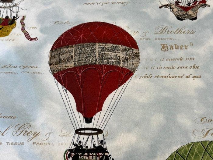 Groot katoenweefsel “Voyage en Ballon” – Vintage ballonnen, Antiek en Kunst, Antiek | Tapijten, Tafelkleden en Textiel