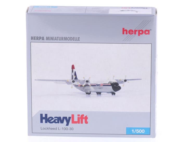 Schaal 1:500 Herpa 510882 HeavyLift Lockheed L-100-30 Reg..., Hobby en Vrije tijd, Modelbouw | Vliegtuigen en Helikopters, Zo goed als nieuw