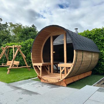 Barrelsauna thermowood L300 x D227 - Stock Deals!, Nieuw, Fins of Traditioneel, Complete sauna