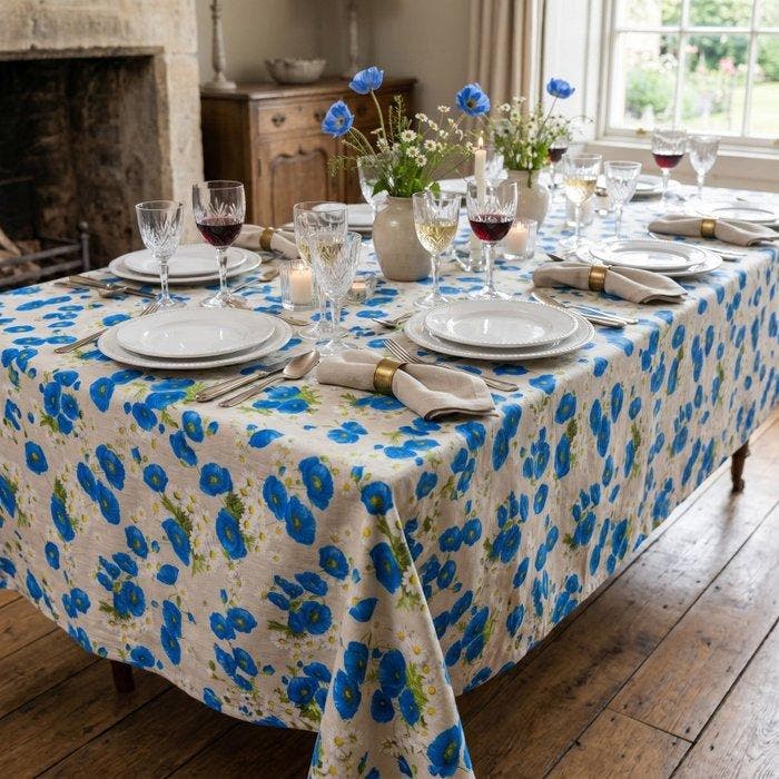 BA200 - Stof Papaveri Blu e Margherite – Country Chic -, Antiek en Kunst, Antiek | Tapijten, Tafelkleden en Textiel