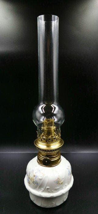 H&S - Lampe à pétrole - Porcelaine, Laiton, Verre