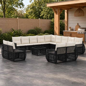 vidaXL Tuinbank Set 14 st Zwart en Crème Wit poly rattan, Jardin & Terrasse, Verzenden
