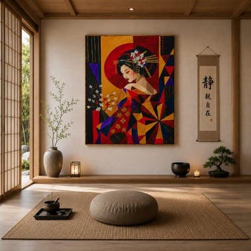 Adri Q 120 x 90 cm - Geisha bajo el sol carmín y ramas de