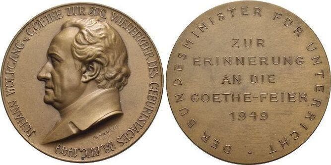 Bronze-medaille 1949 Personenmedaille Goethe, Johann Wolf..., Timbres & Monnaies, Pièces & Médailles, Envoi