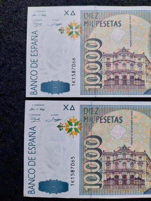 Spanje. - 2 x 10 000 Pesetas - 1992 - Consecutive - Pick 166, Timbres & Monnaies, Billets de banque | Europe | Billets non-euro