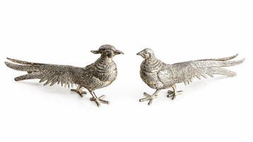 EM / Couple de Faisans en métal argenté - Figure, Sculpture
