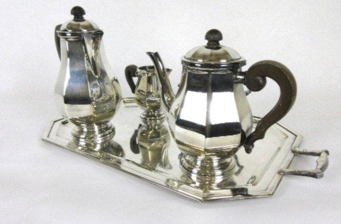 Koffie- en theeservies (5) - Verzilverd - Theeservice en, Antiquités & Art, Antiquités | Meubles | Tables