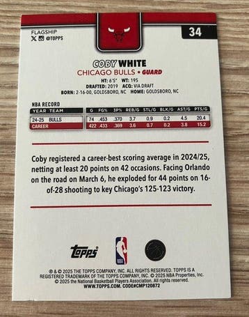 2025/26 Topps NBA Coby White Chicago Bulls True Black 1/1