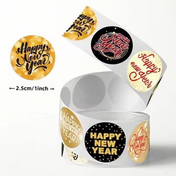 Sluitstickers etiketten happy new year rond etiket 2,5 cm