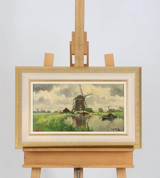 Nederlandse school (XX) - Molen aan het water, Antiquités & Art, Art | Peinture | Classique