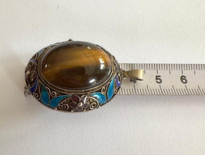 Zilver - Ketting met hanger - emaille zilver, Antiquités & Art, Art | Art non-occidental
