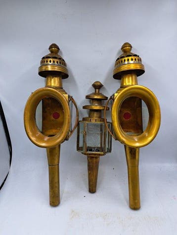 Lampe - lampe à bougie - Laiton, Verre - Trois lanternes de, Antiek en Kunst