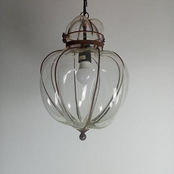 Plafonnier cage - Verre soufflé dans un cadre métallique -, Antiquités & Art