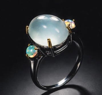 925 zilver, zwart rhodium-geplateerd - aquamarijn cabochon -