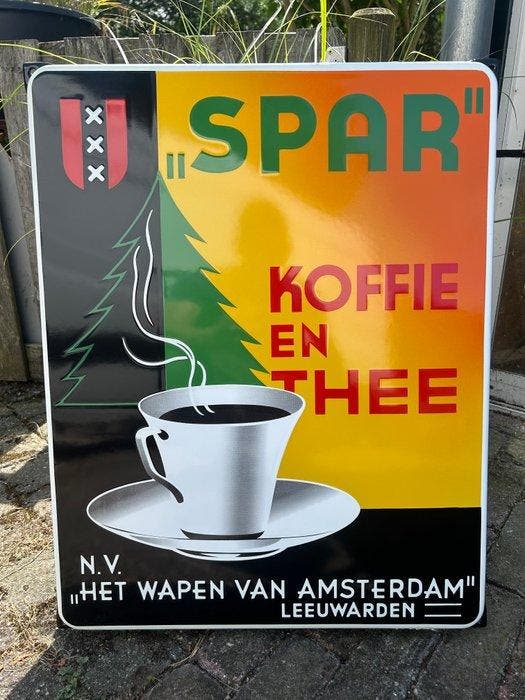 Emaille bord Spar koffie en thee N.V het wapen van Amsterdam, Antiek en Kunst, Antiek | Wandborden en Tegels