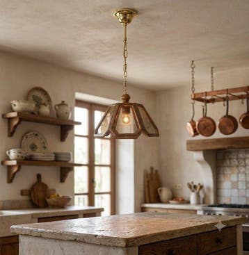 Lampe à suspendre - verre gravé, Fer, Noyer - Suspension en
