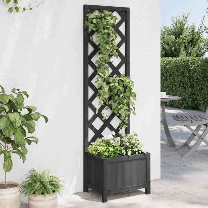 vidaXL Plantenbak met latwerk massief vurenhout zwart, Tuin en Terras, Bloempotten, Nieuw, Verzenden