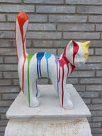 Statue, garden statue cat color white with paint color - 33, Antiquités & Art