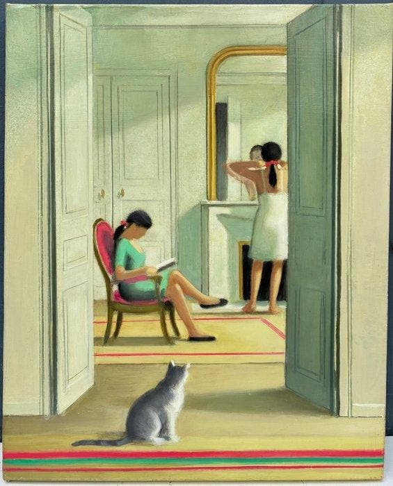 Yves Ganne (1931-2019) - « Monsieur Chat » - Scène, Antiek en Kunst, Kunst | Schilderijen | Klassiek
