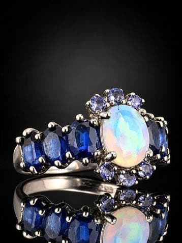 Zonder minimumprijs - Ring Opaal Statement Ring - 925, Handtassen en Accessoires, Nieuw