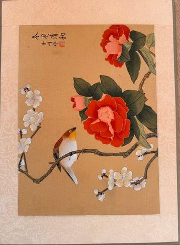 5-delig set Chinese zijden schilderijen – „Vogels & Bloemen”