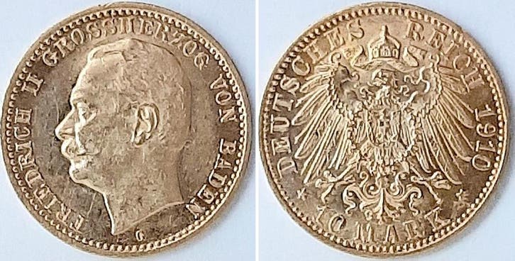 Duitsland 10 Mark Friedrich Ii Baden 1910 G J 191 Friedri..., Timbres & Monnaies, Monnaies | Europe | Monnaies non-euro, Envoi