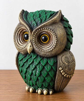 sculptuur, Decorative Owl Figurine with Green Leaf Detailing