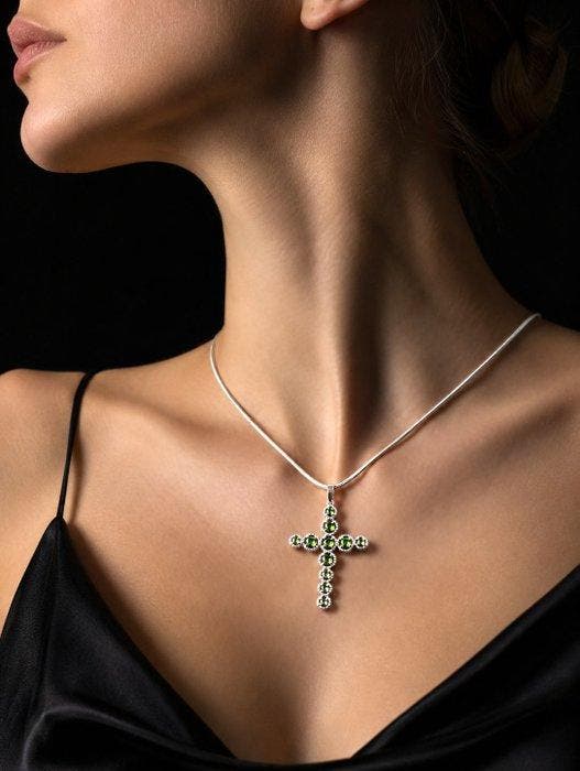 Collier Croix en Diopside Chrome Vert - Argent sterling 925, Antiek en Kunst, Curiosa en Brocante